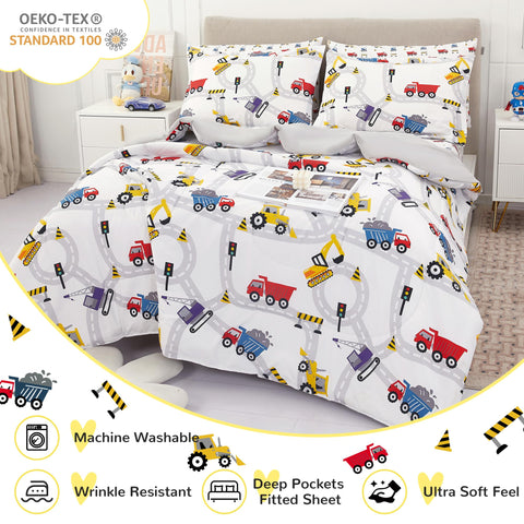 Viviland pillowcase and sham arranged on bed showing matching vehicle prints and coordination