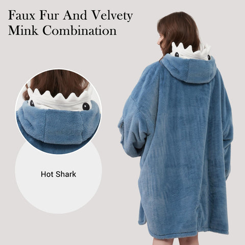 Viviland shark hoodie close-up texture of micro-mink fur for plush warmth