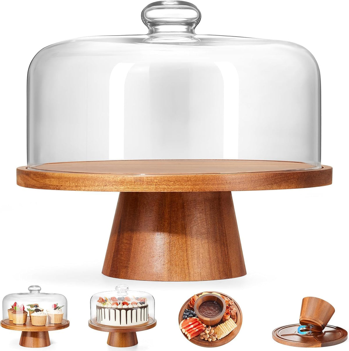 VIVIRBIEN front view of acacia cake stand showing elegant display benefit