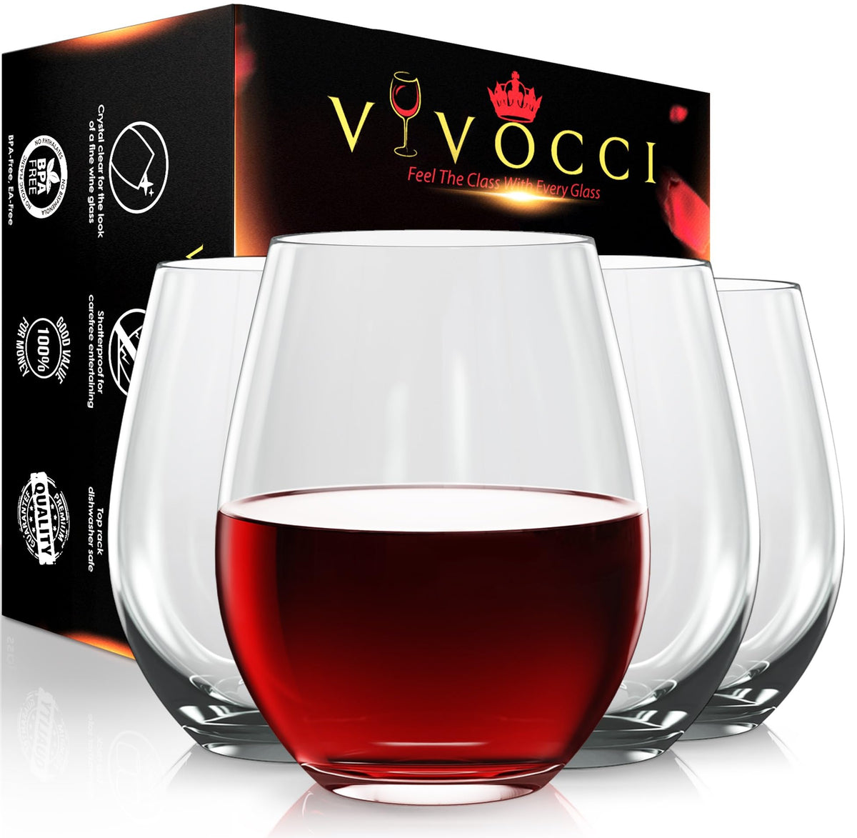 Vivocci front view set of 4 clear glasses, durable entertaining benefit