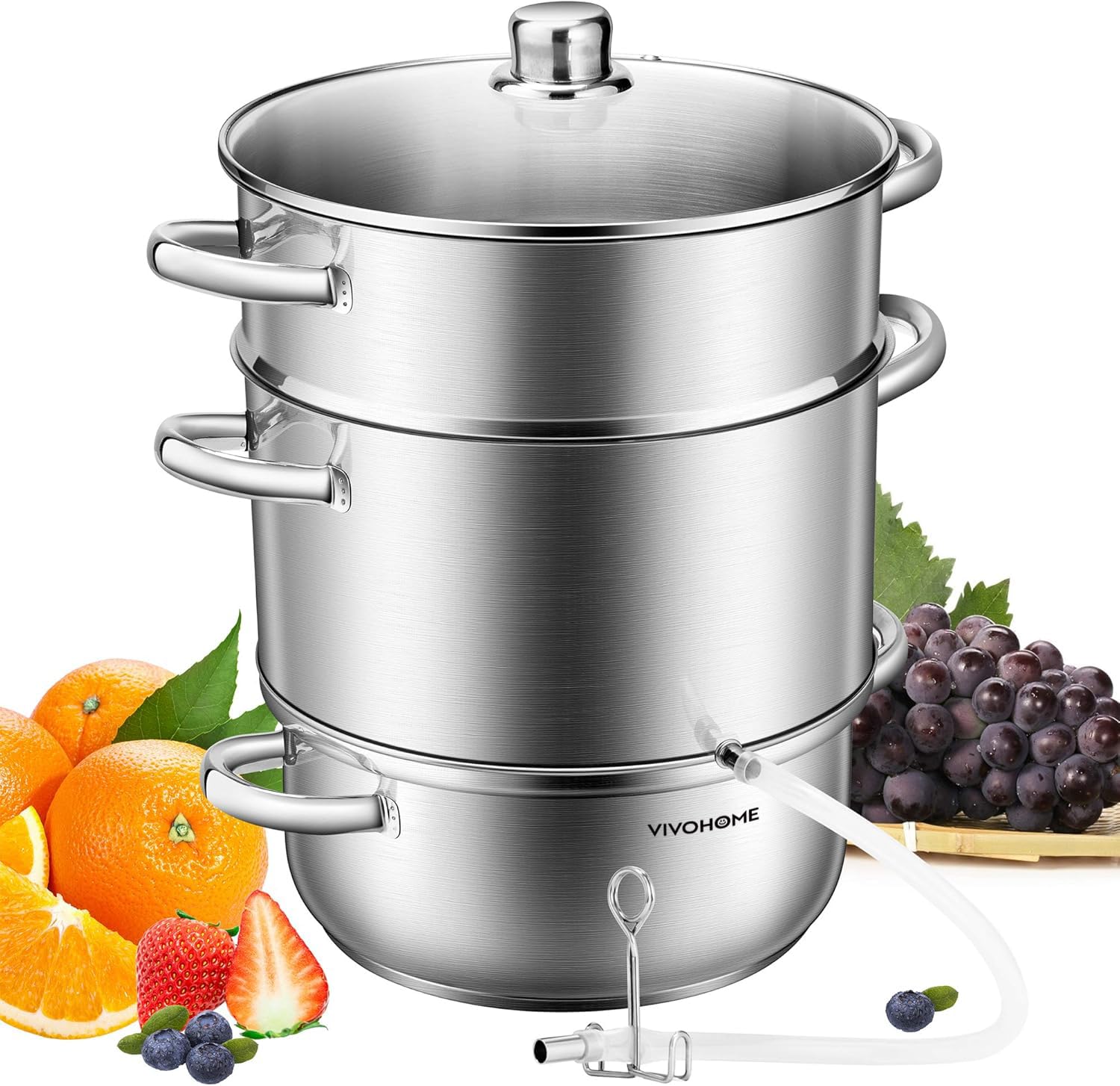 VIVOHOME front view of stainless steel juicer pot showing capacity and handles for safer lifting