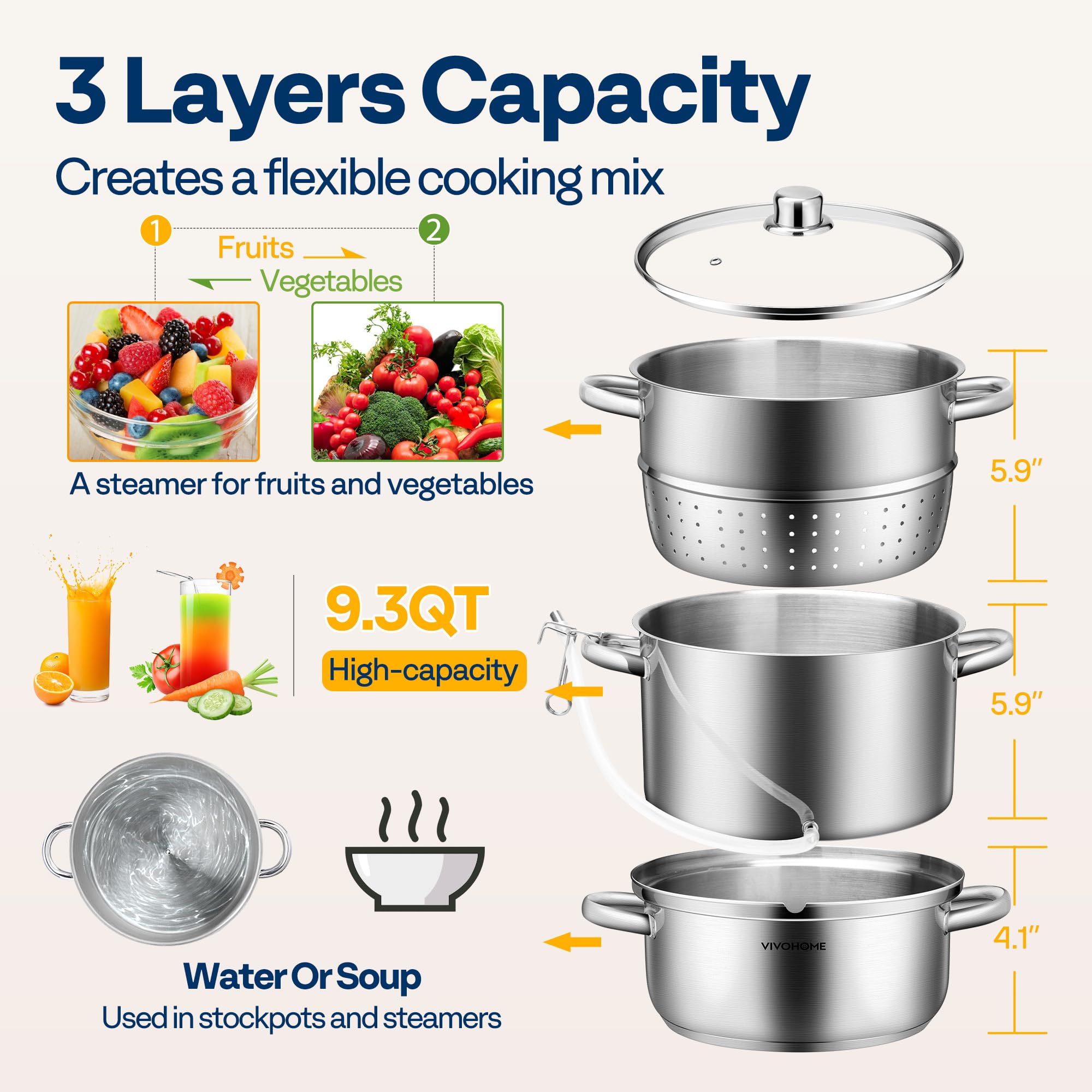 VIVOHOME inner steamer basket detail highlighting layered construction for even heat distribution