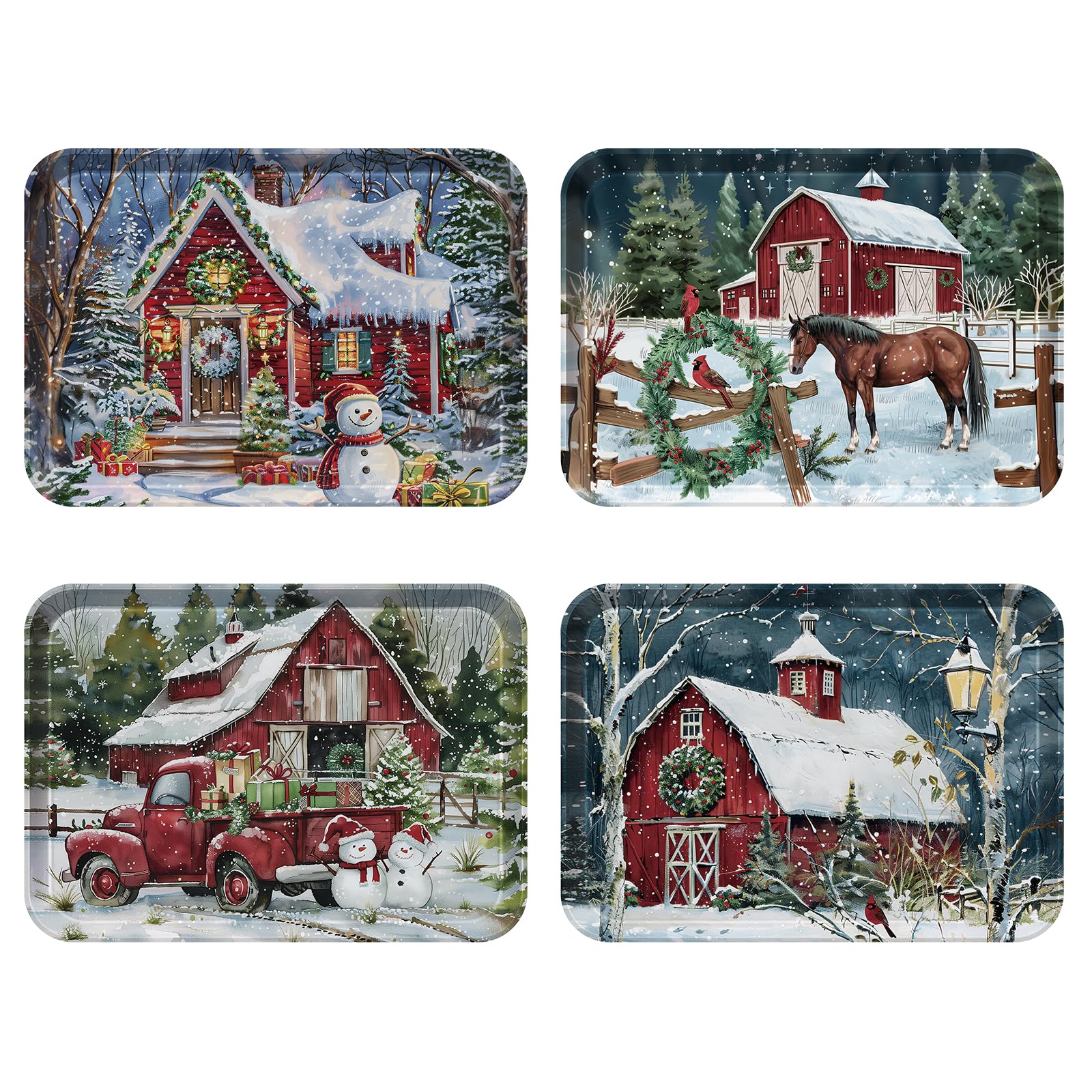 VIYNRAN front view of four festive melamine trays showing designs and packaging, durable serving