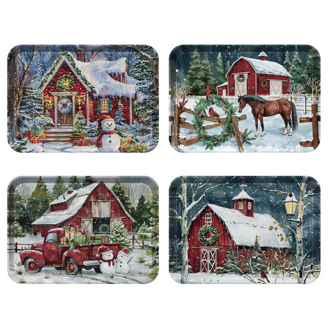 VIYNRAN front view of four festive melamine trays showing designs and packaging, durable serving