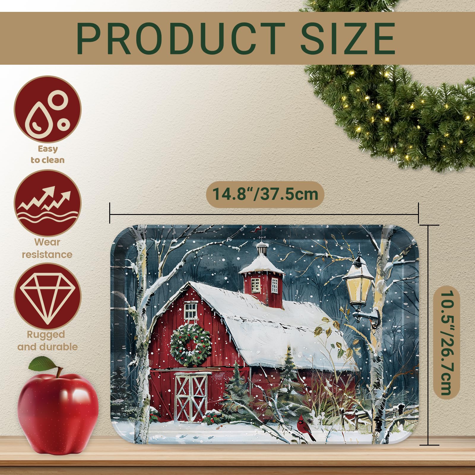 VIYNRAN close-up of red barn design highlighting printed detail and festive appeal