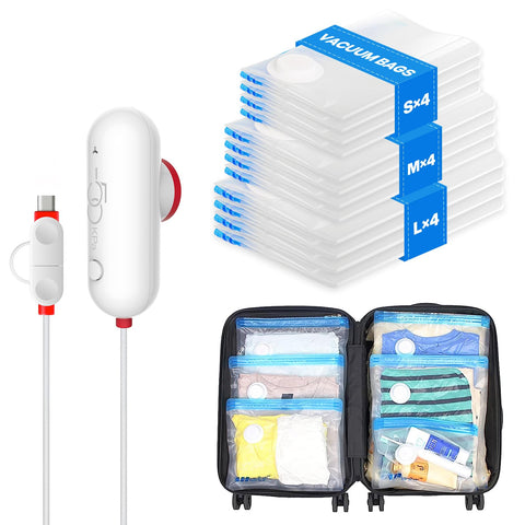VMstr front packaging showing 12-piece travel compression kit and pump for efficient packing