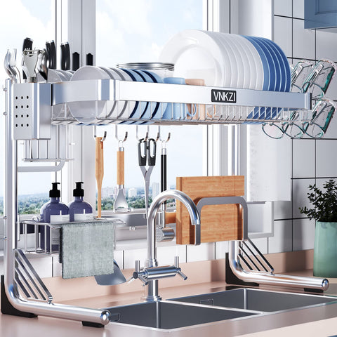 VNKZI front view of two-tier over-sink rack showing full storage capacity and durable finish