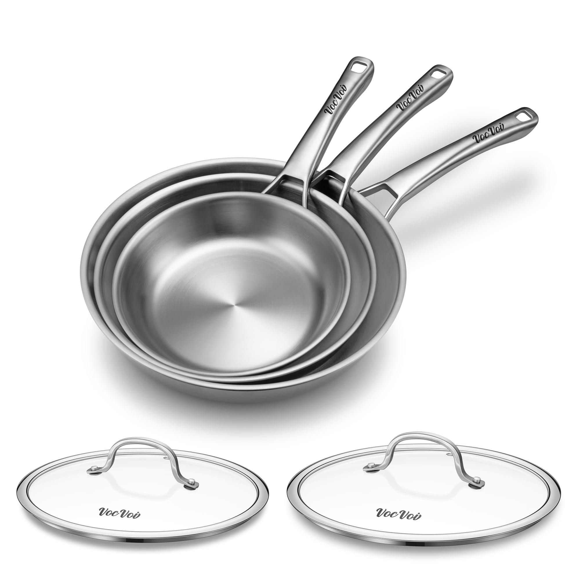 VocVoi front view of pan set showing lids and clean design, durable cookware benefit