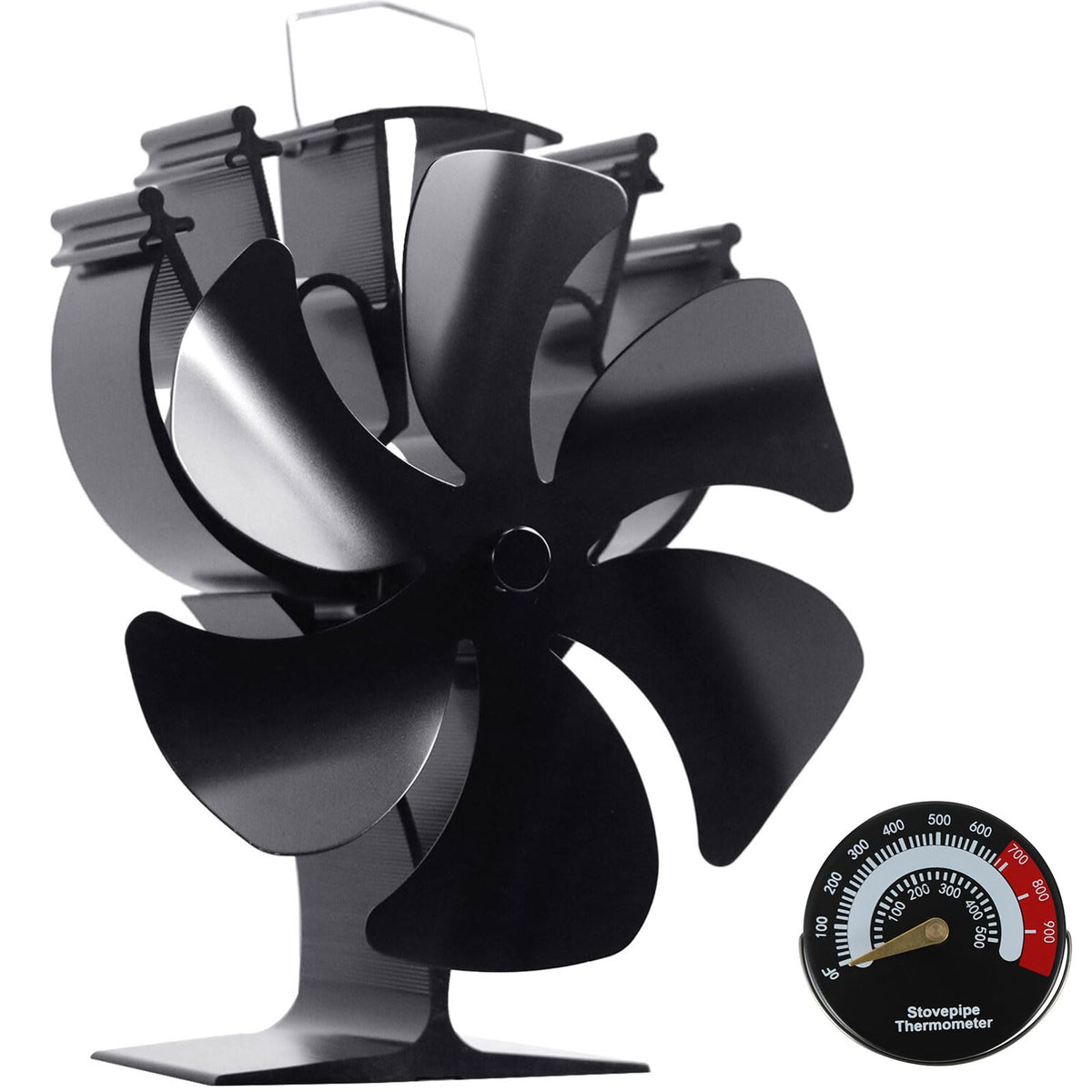 VODA front view of heat-powered stove fan showing six blades and efficient airflow