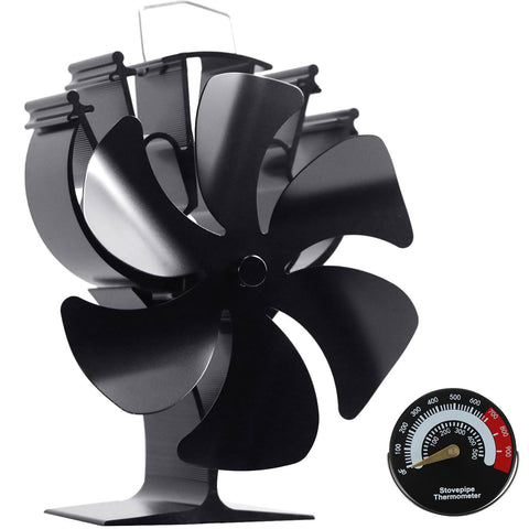 VODA front view of heat-powered stove fan showing six blades and efficient airflow