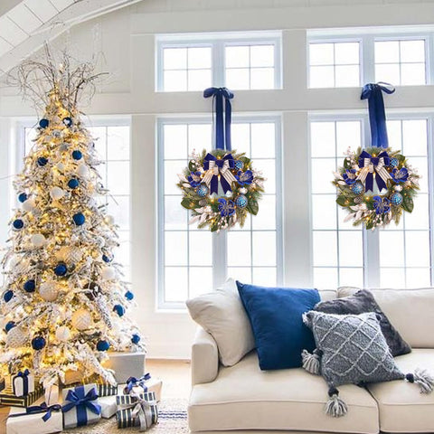 Vofuly blue and silver baubles clustered to add modern holiday shimmer