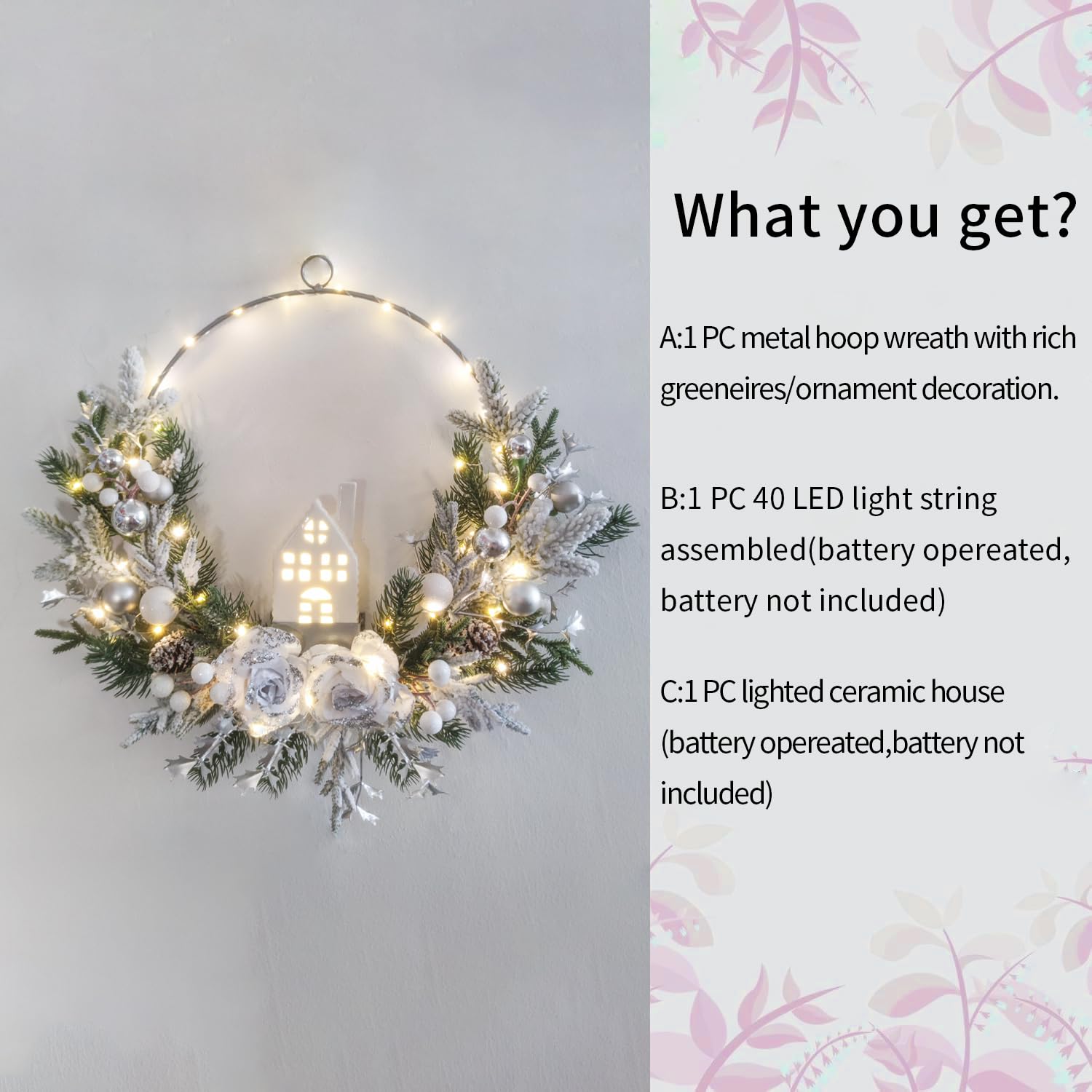 Vofuly ceramic house lit inside creating warm focal glow in wreath