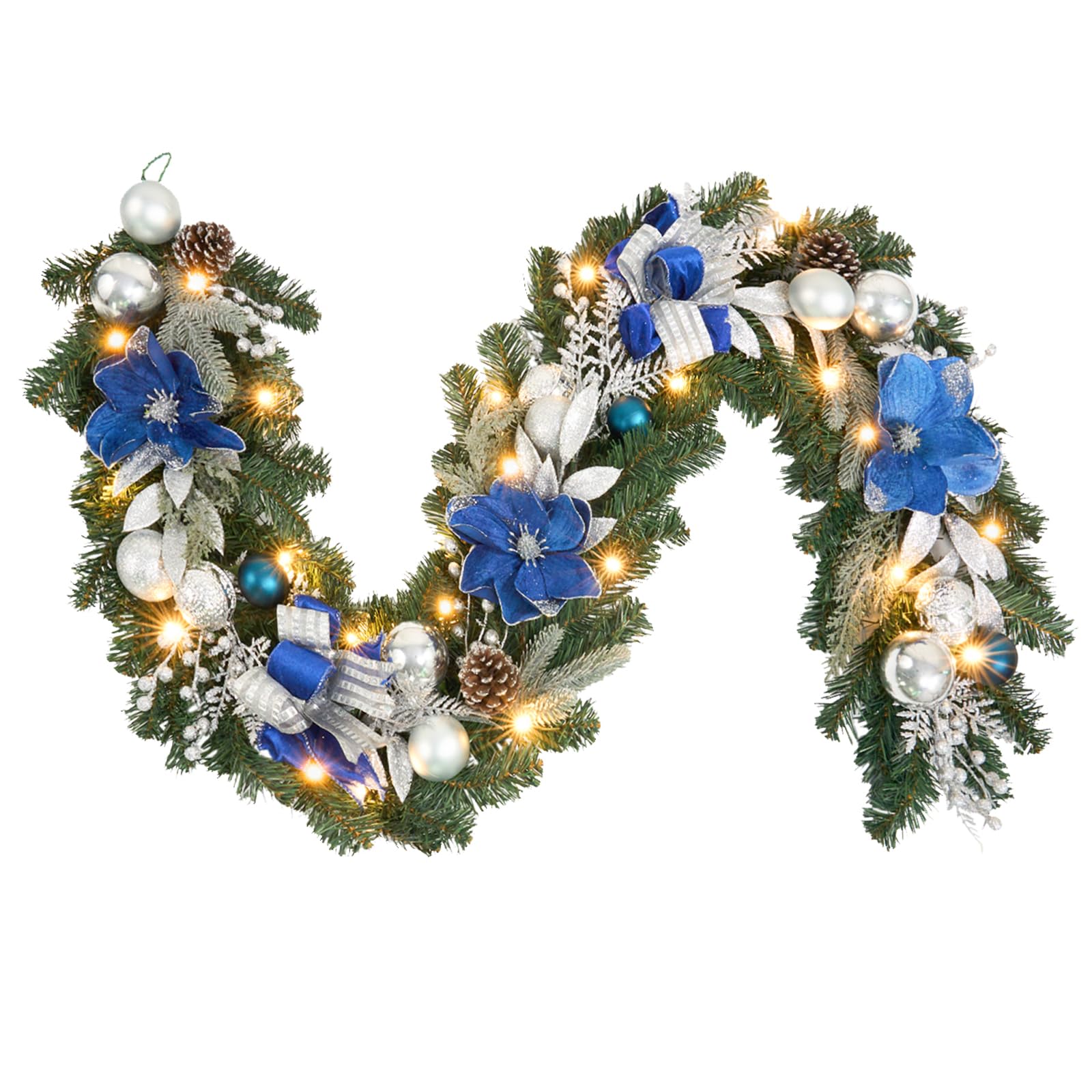 Vofuly front door display with blue silver garland creating festive curb appeal