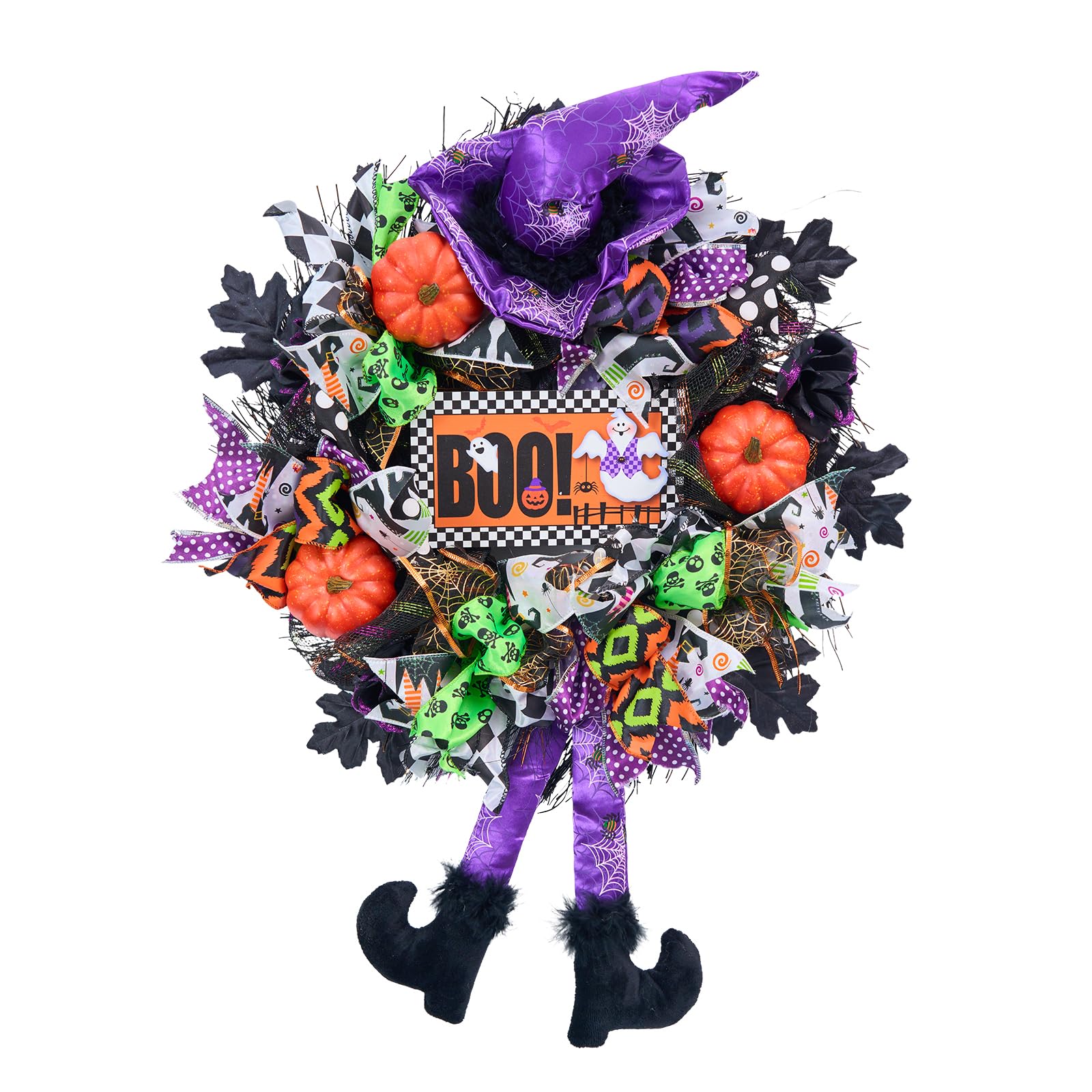 Vofuly wreath on front door showing bold purple mesh and festive accents