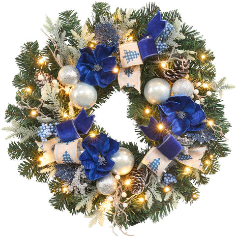 Vofuly wreath front door view showing blue magnolias and festive glow