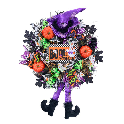 Vofuly wreath on front door showing bold purple mesh and festive accents