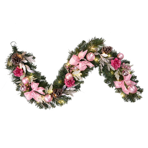 Vofuly front view of prelit pink garland showing full festive length and glow