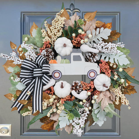 Vofuly front view of wreath with white pumpkins highlighting seasonal welcome