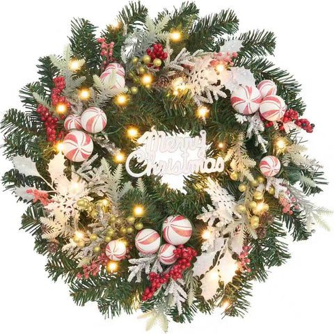 Vofuly front view wreath showing festive red-white design and warm lights, enhances curb appeal