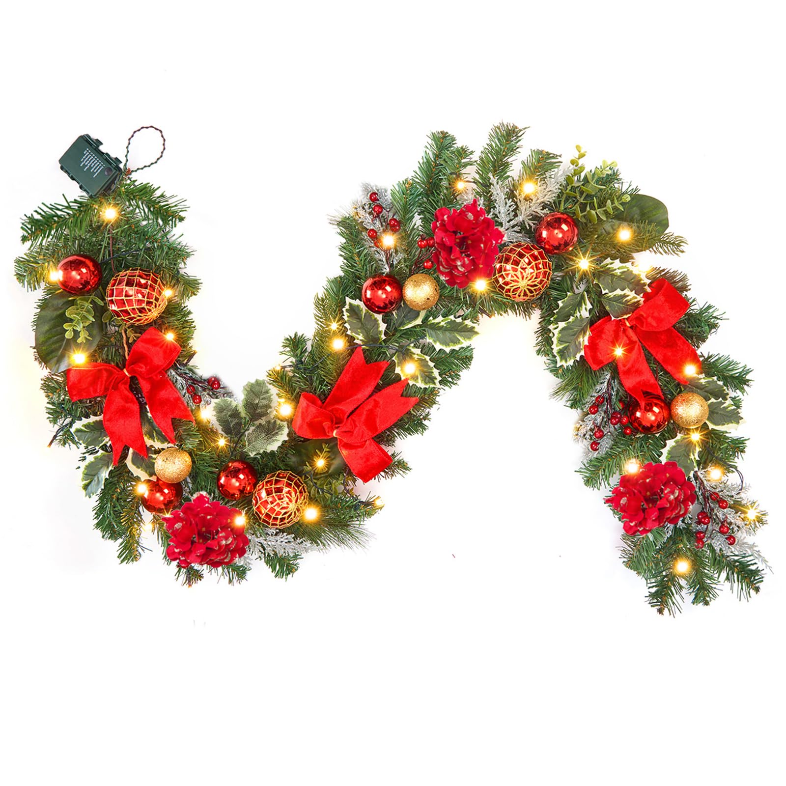 Vofuly garland front view showing full red and gold decoration and warm glow