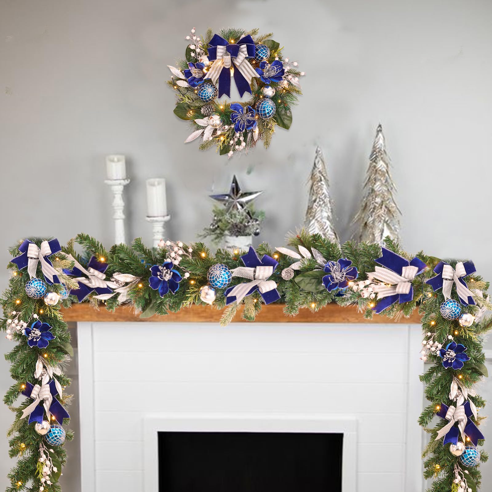 Vofuly lit wreath on a porch at dusk providing warm welcoming light