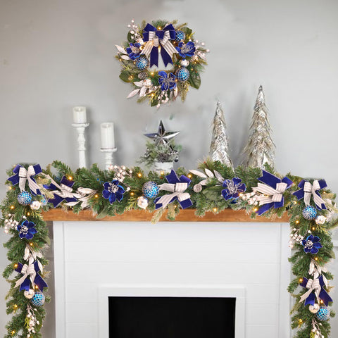 Vofuly lit wreath on a porch at dusk providing warm welcoming light