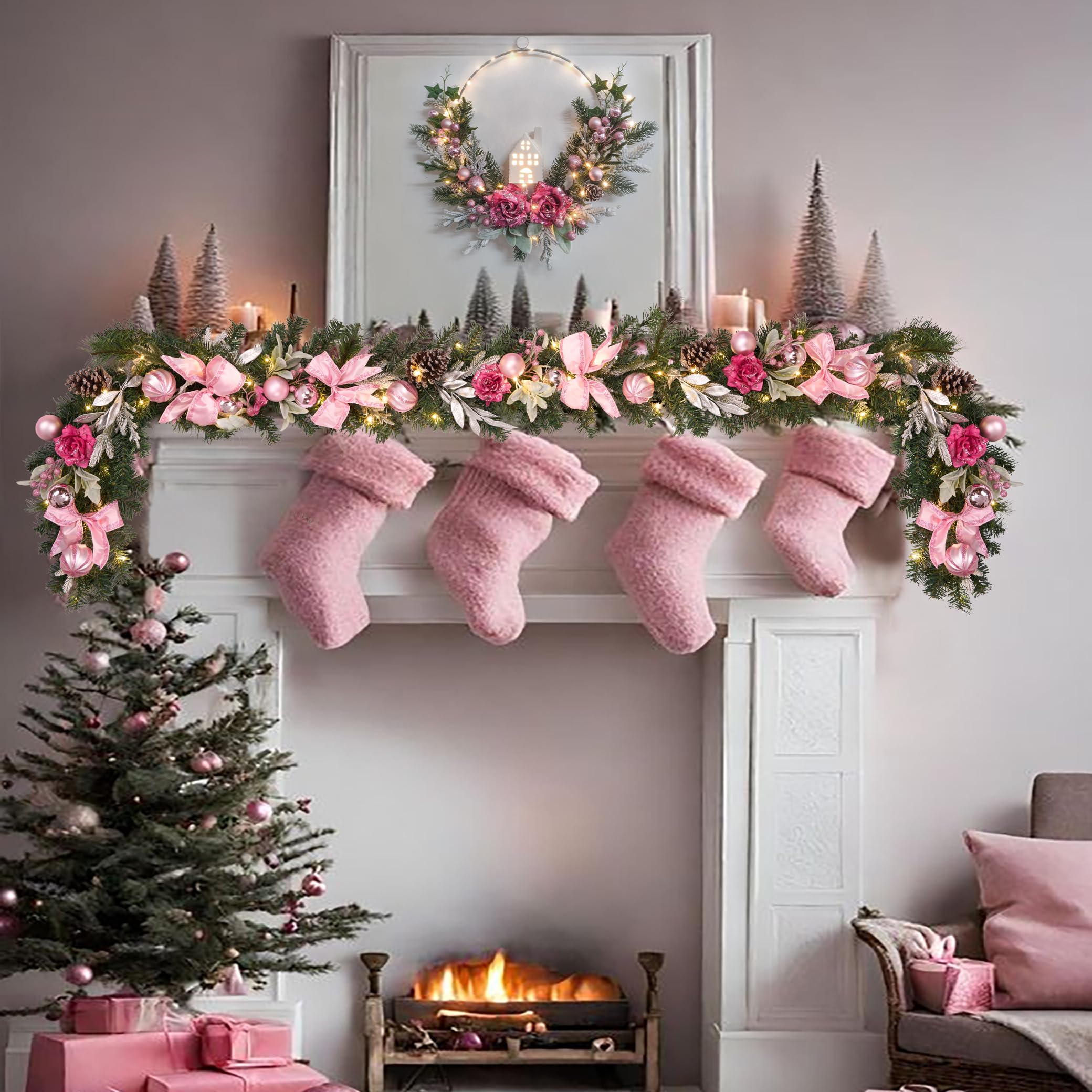 Vofuly garland styled across a mantel creating romantic holiday ambiance
