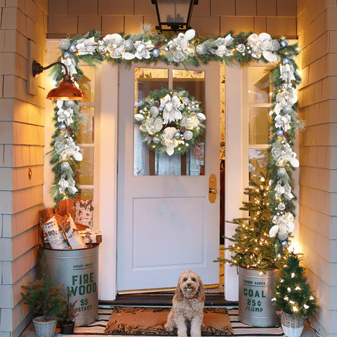 Vofuly wreath on door showing 22-inch size and ideal scale