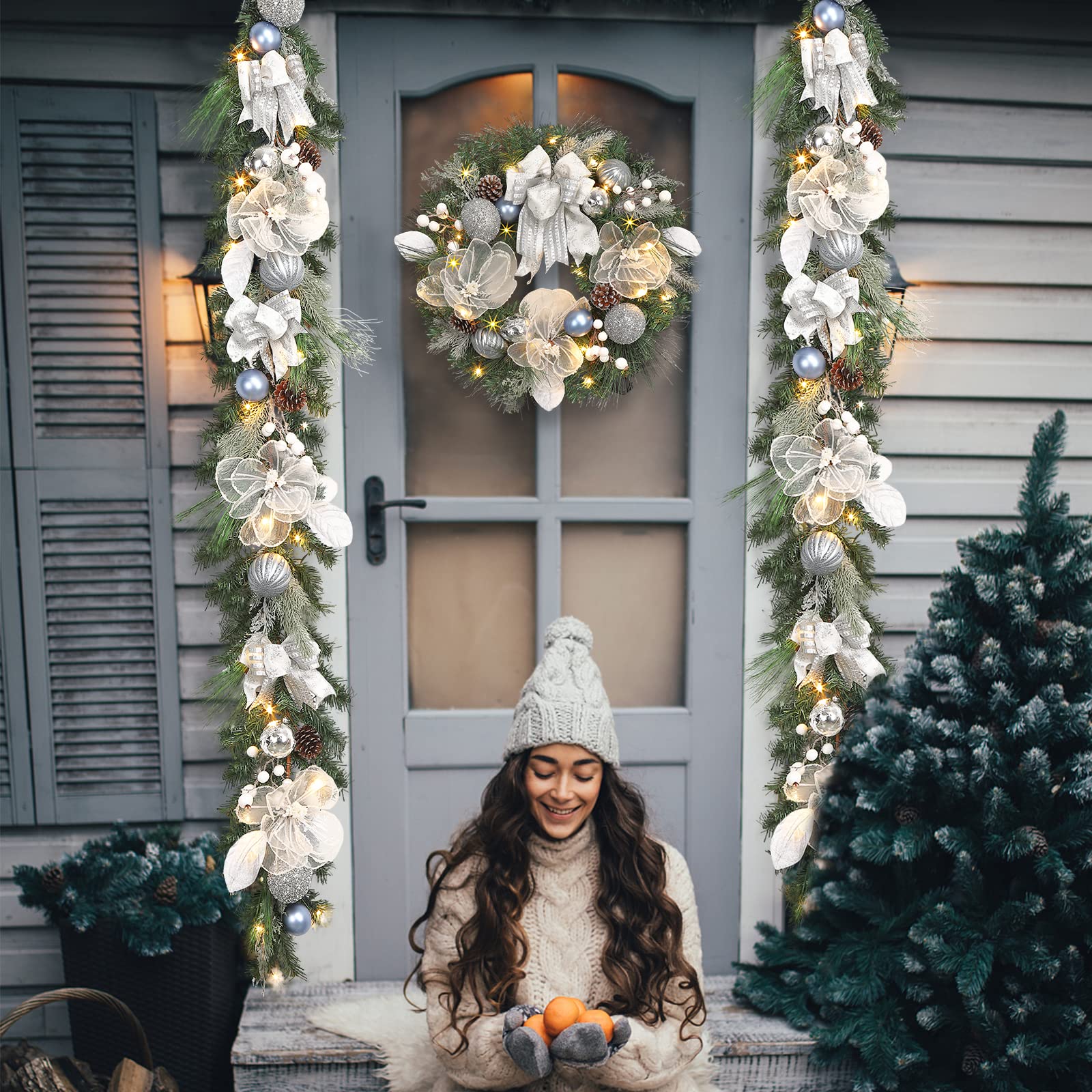 Vofuly wreath lit on porch creating warm evening ambiance