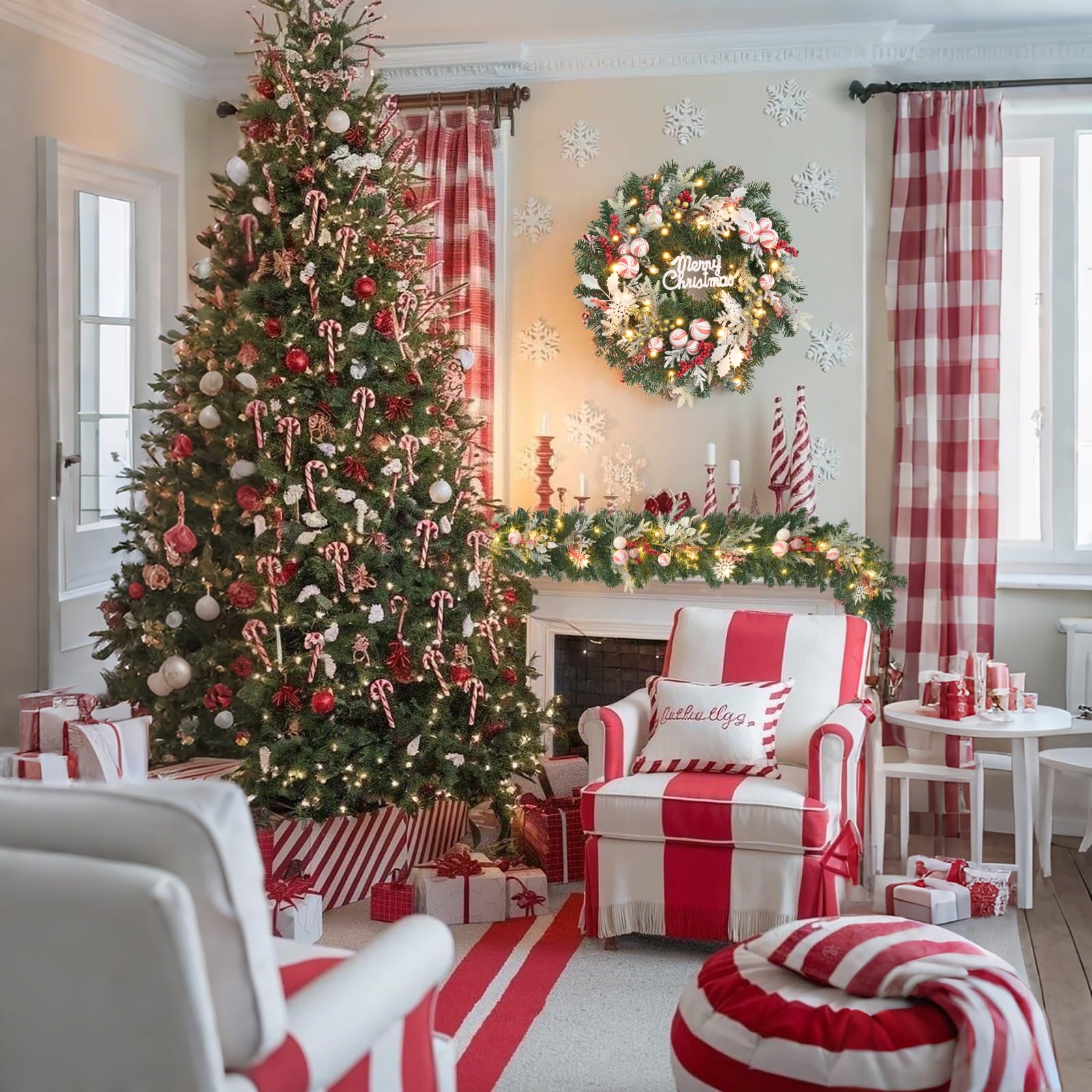 Vofuly wreath hung on front door showcasing ready-to-hang convenience and seasonal welcome