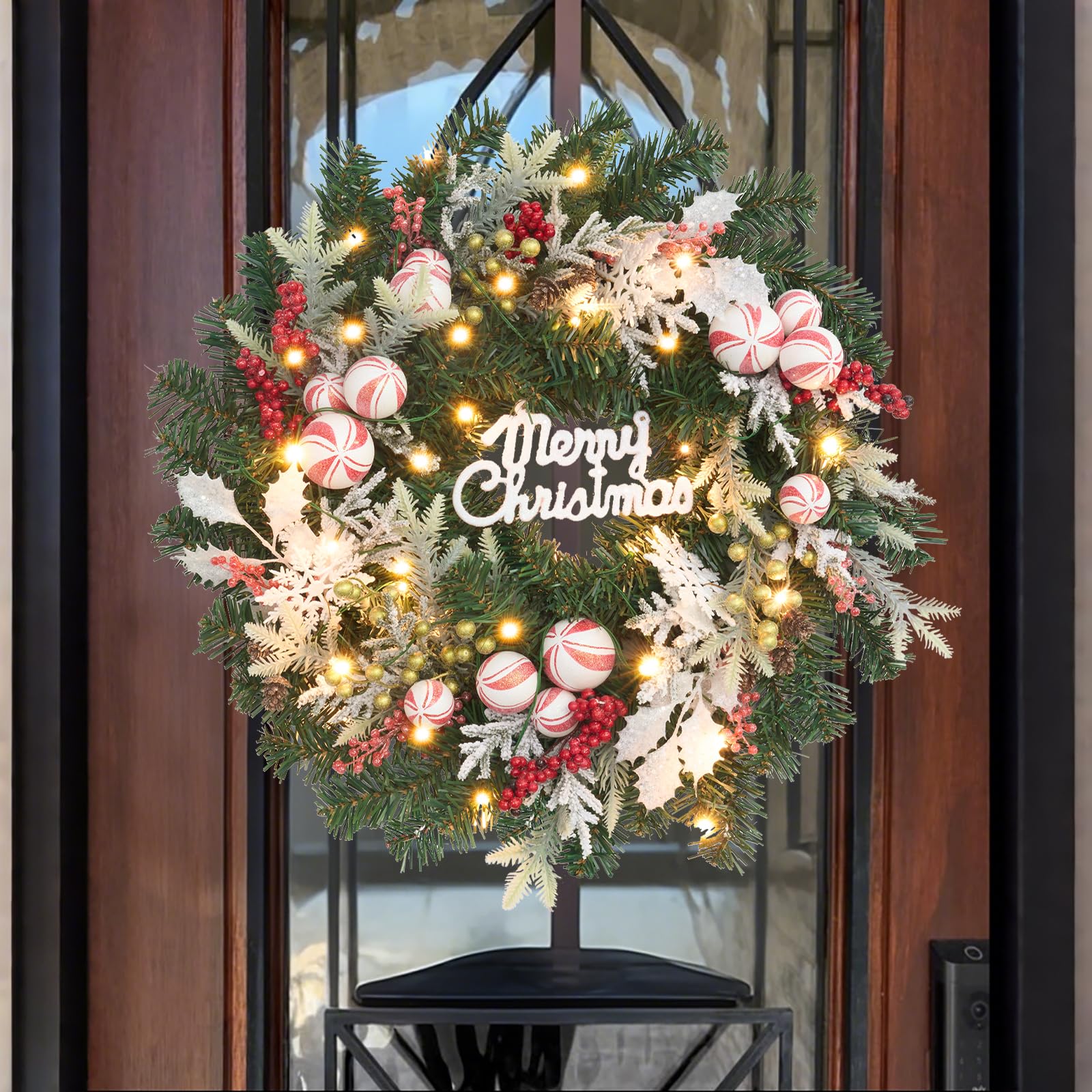 Vofuly wreath next to ruler for scale showing 22-inch size and suitable fit for doors