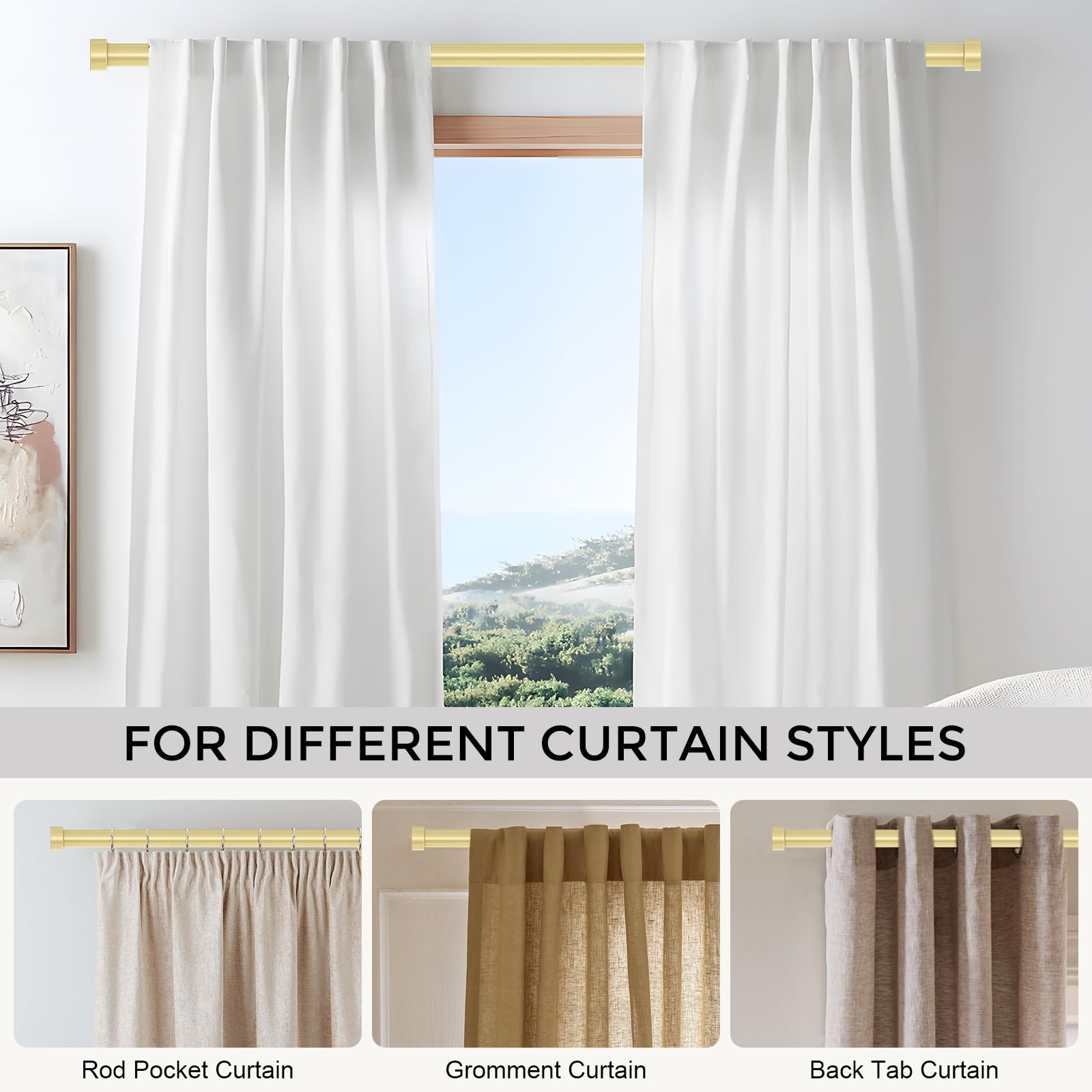 VOIIY gold rod holding blackout curtain showing strong support and reduced sag