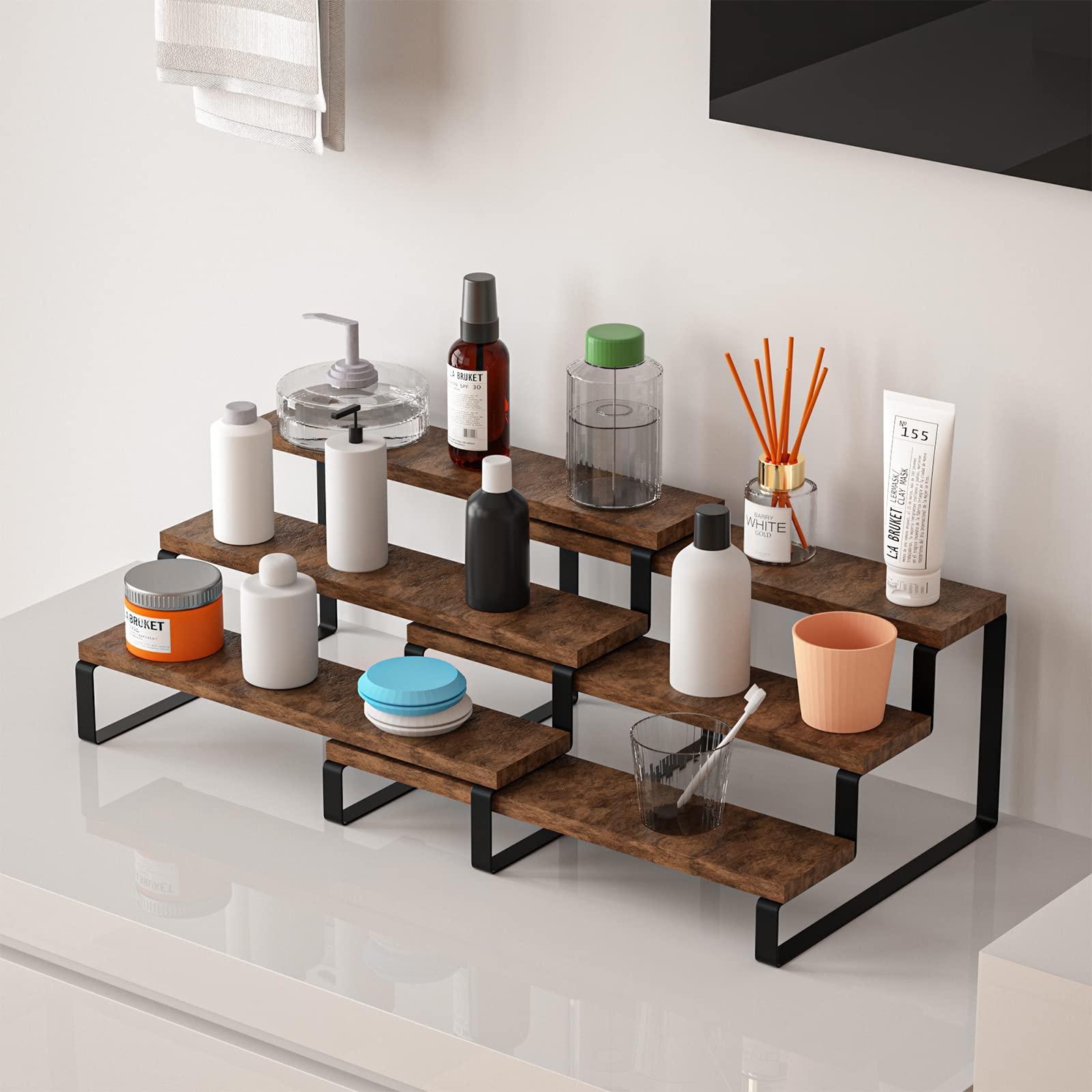 VOKEEH countertop setup displaying spices and bottles for quick-access organization