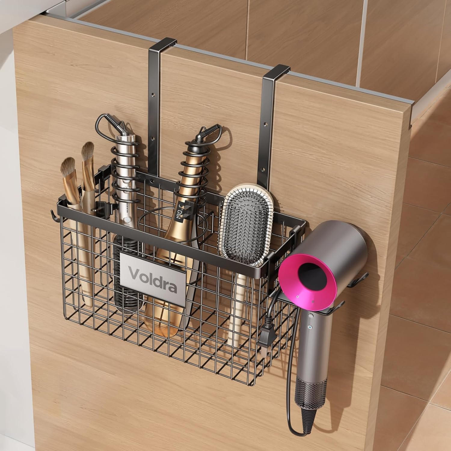 Voldra front view of organizer showing compartments and tidy countertop benefit