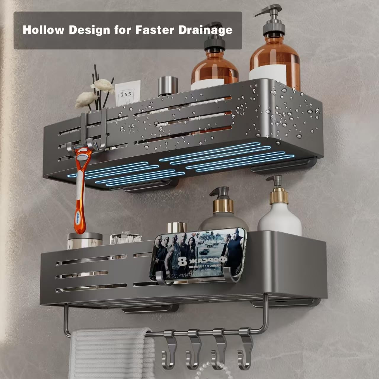 Voldra installed in shower corner showing tidy organized toiletries benefit