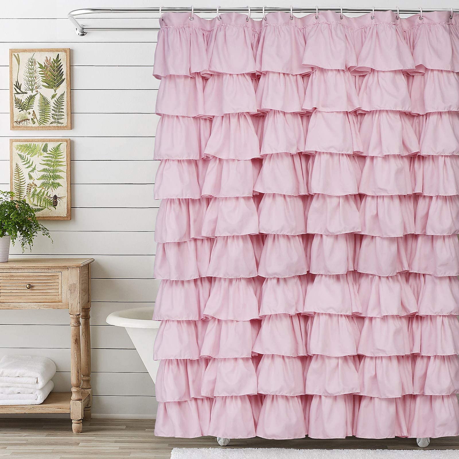 Volens front view of pink ruffle shower curtain showcasing farmhouse style and charm