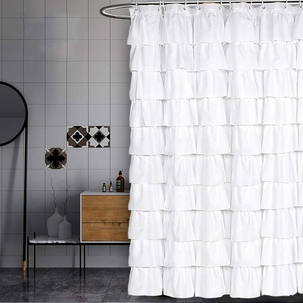 Volens front view of white ruffled shower curtain adds soft texture and privacy