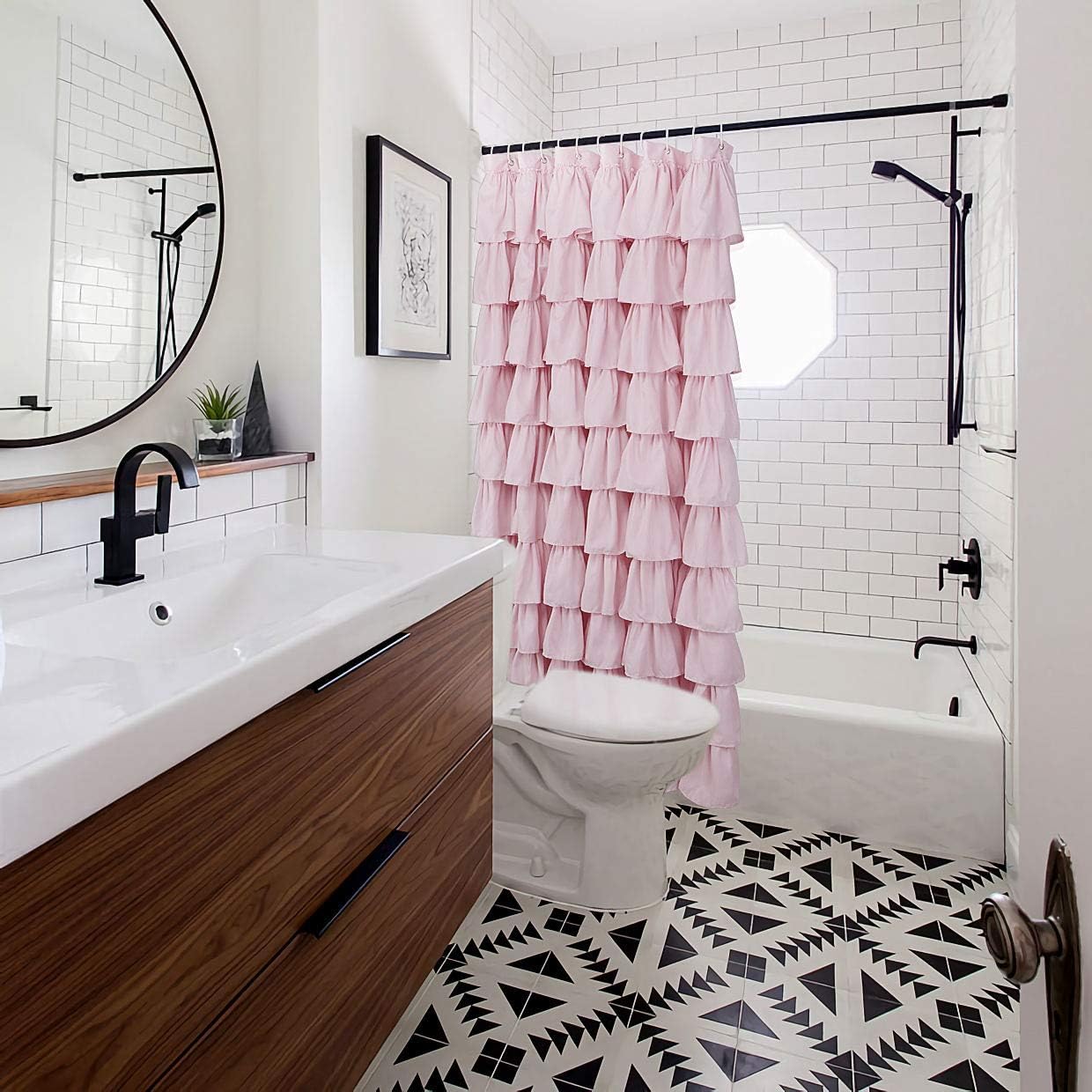 Volens curtain hanging on standard shower rod showing correct 72x72 fit
