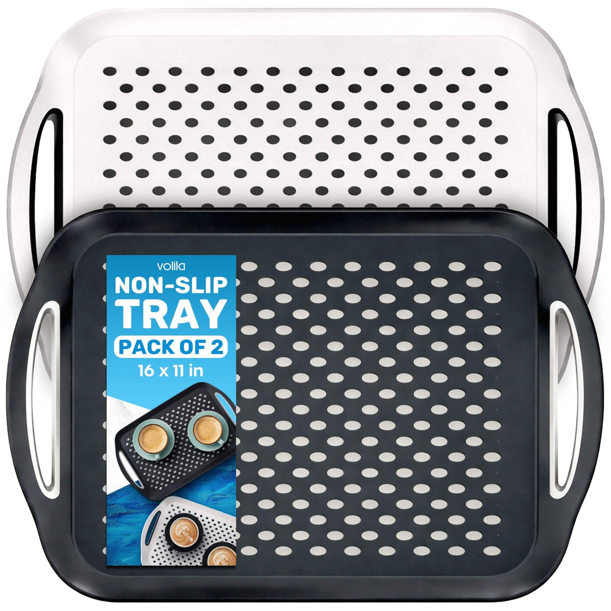 volila front-facing black and white trays showing clean modern design and stability