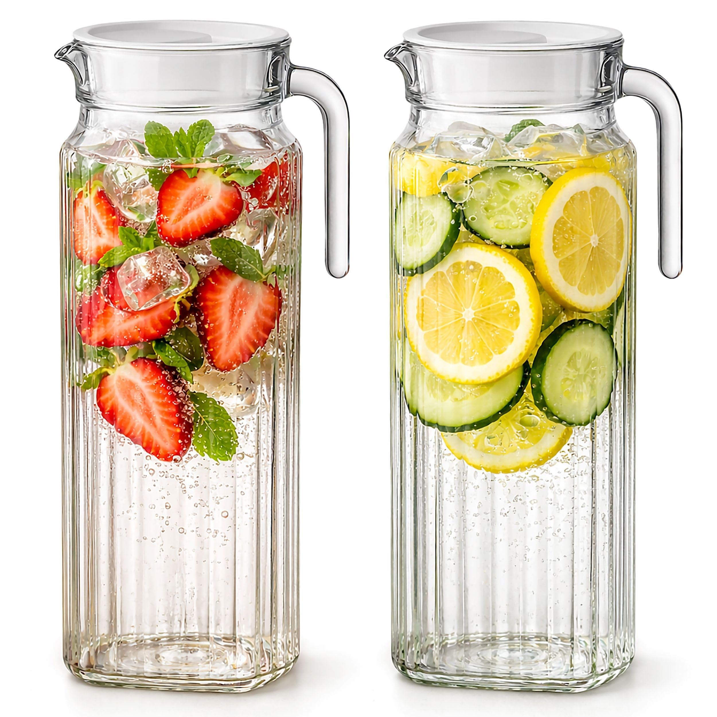 volila front view of two glass pitchers showing clear contents and neat appearance
