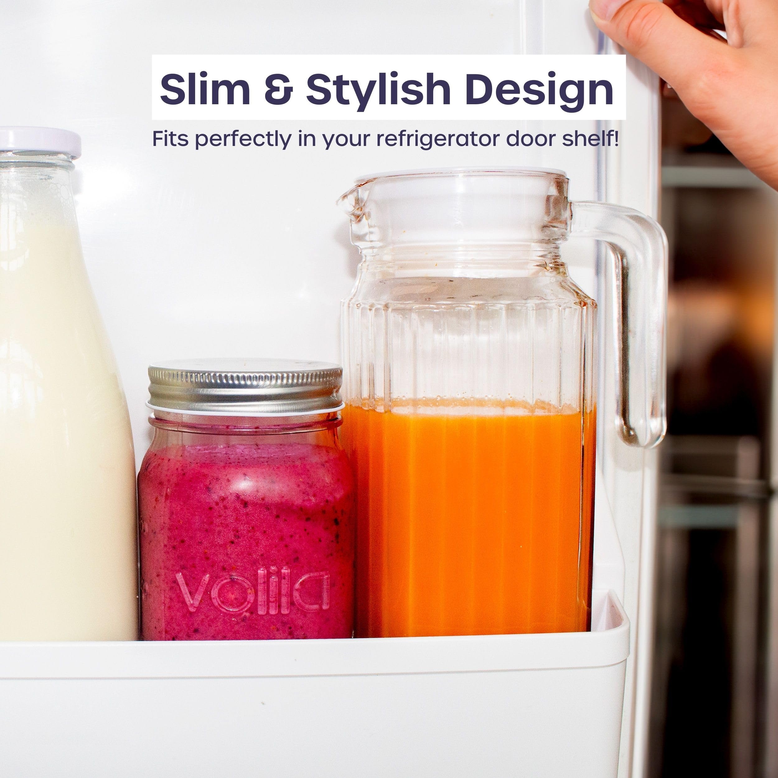 volila pitcher placed on fridge shelf demonstrating space-saving fit and visibility