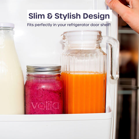volila pitcher placed on fridge shelf demonstrating space-saving fit and visibility