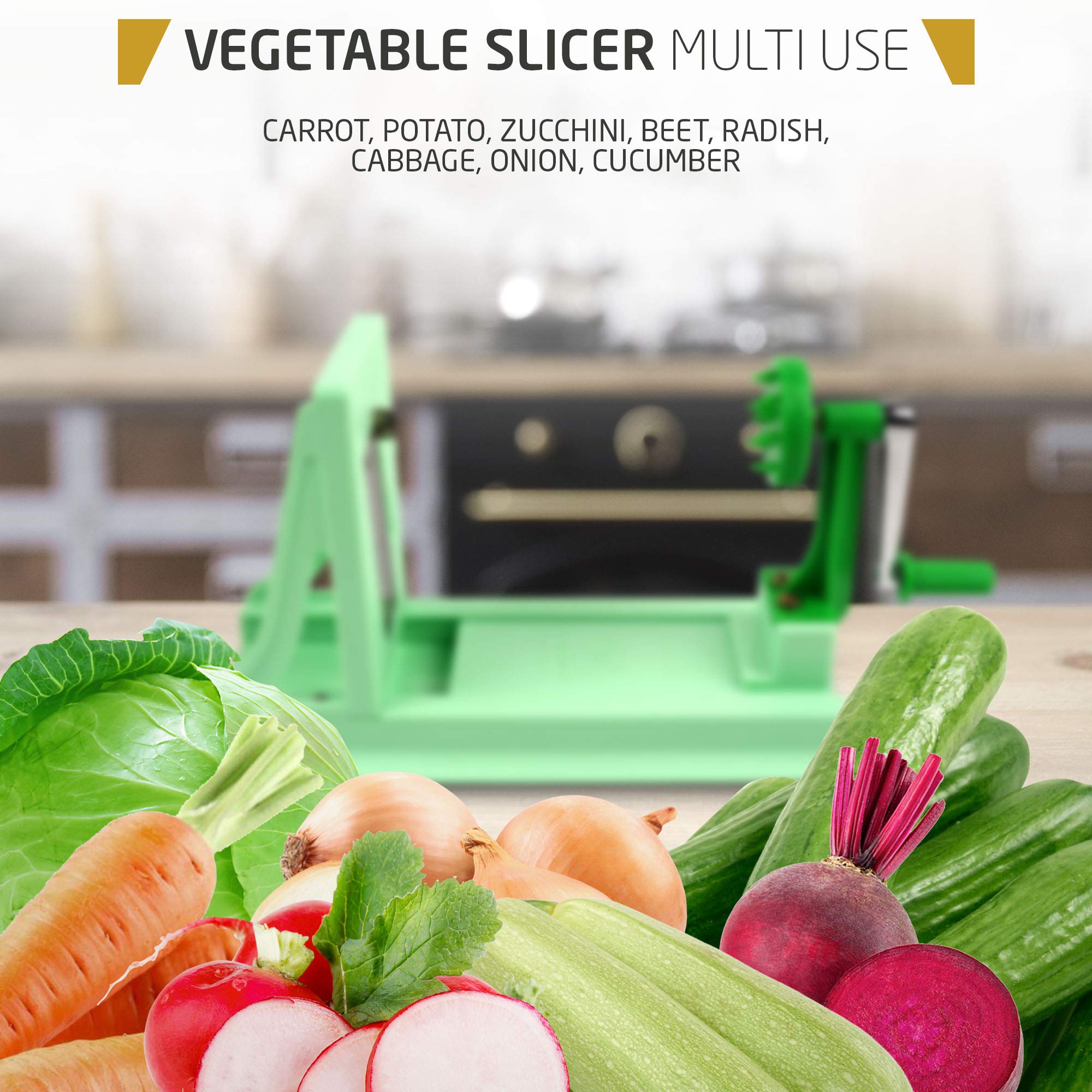Vollum spiralizer next to a hand and zucchini to show scale and user-friendly size