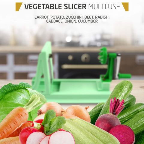 Vollum spiralizer next to a hand and zucchini to show scale and user-friendly size