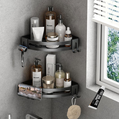 VOLPONE front view of corner shelf showing tidy storage benefit