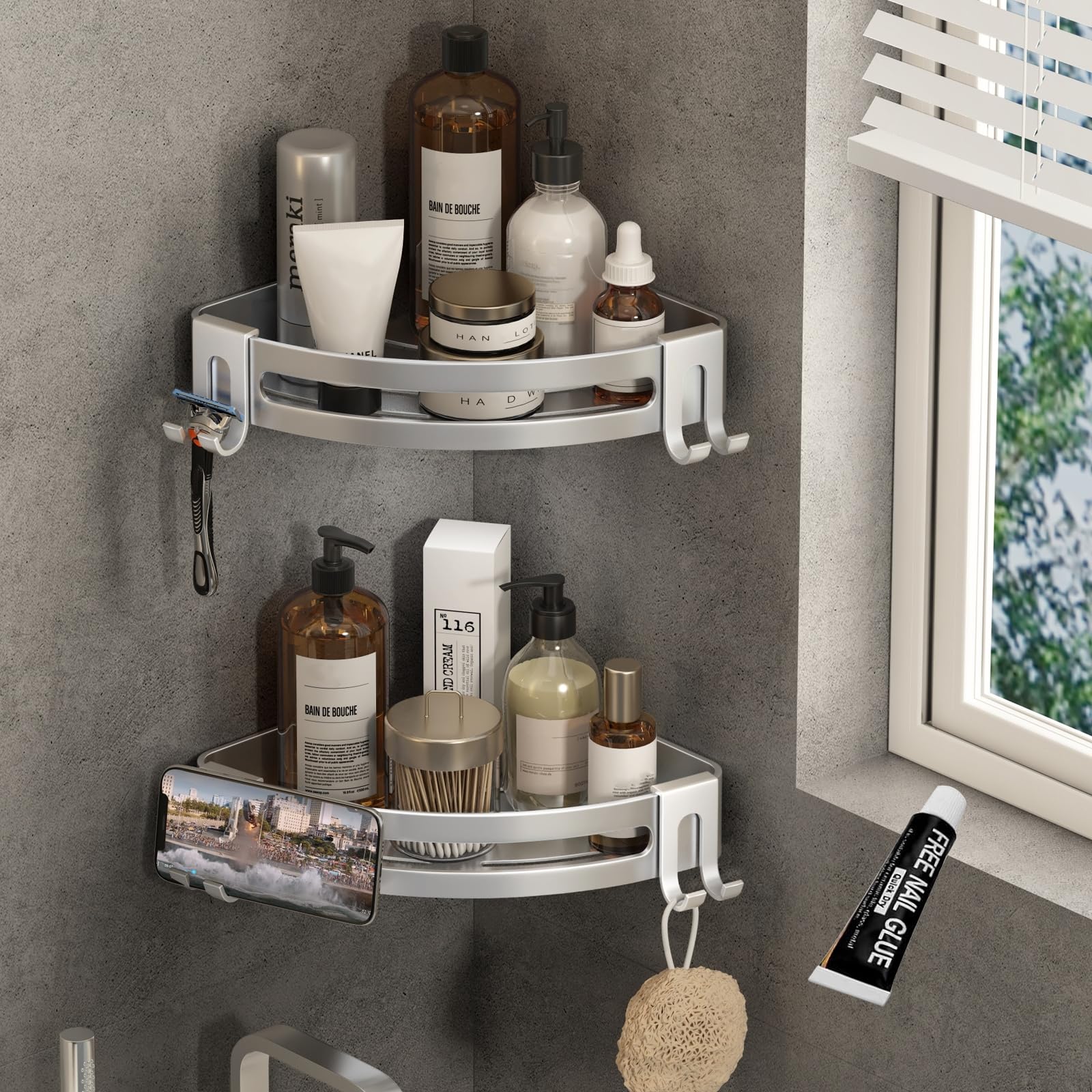 VOLPONE front view of two-pack corner shower caddy showing packaging and finish benefit