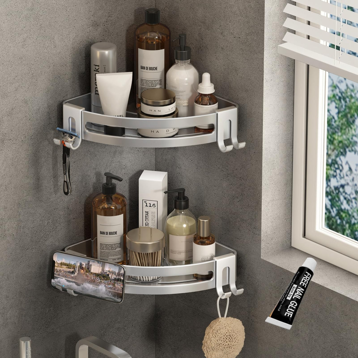 VOLPONE front view of two-pack corner shower caddy showing packaging and finish benefit