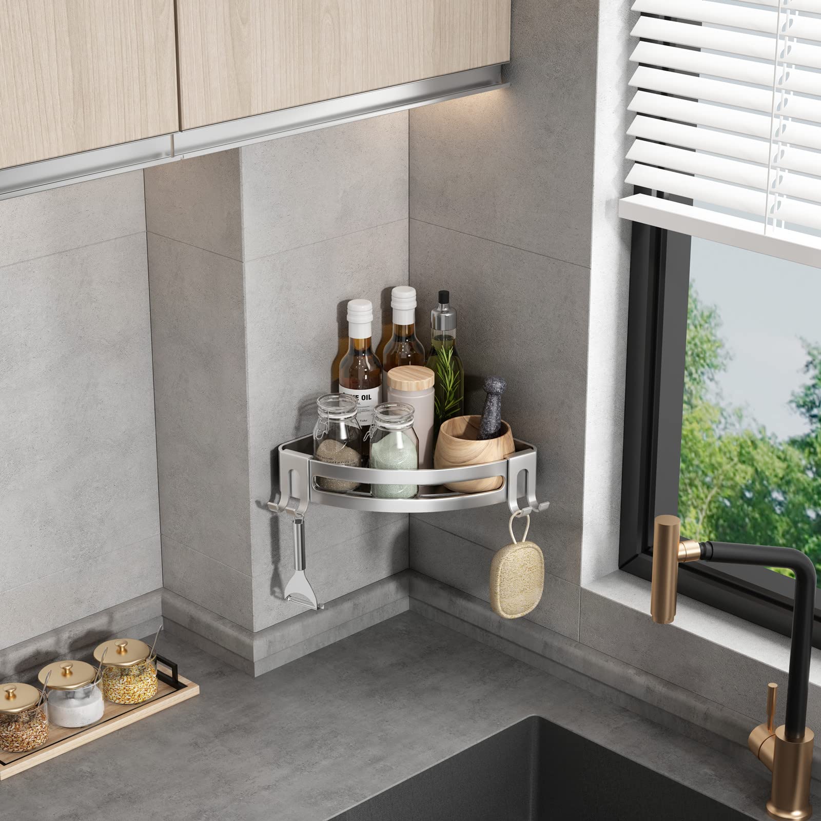 VOLPONE shelf loaded with shampoo and soap bottles demonstrating 40 lb capacity benefit