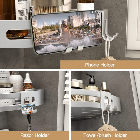 VOLPONE installed in a 90-degree tile corner showing stable, rustproof storage benefit