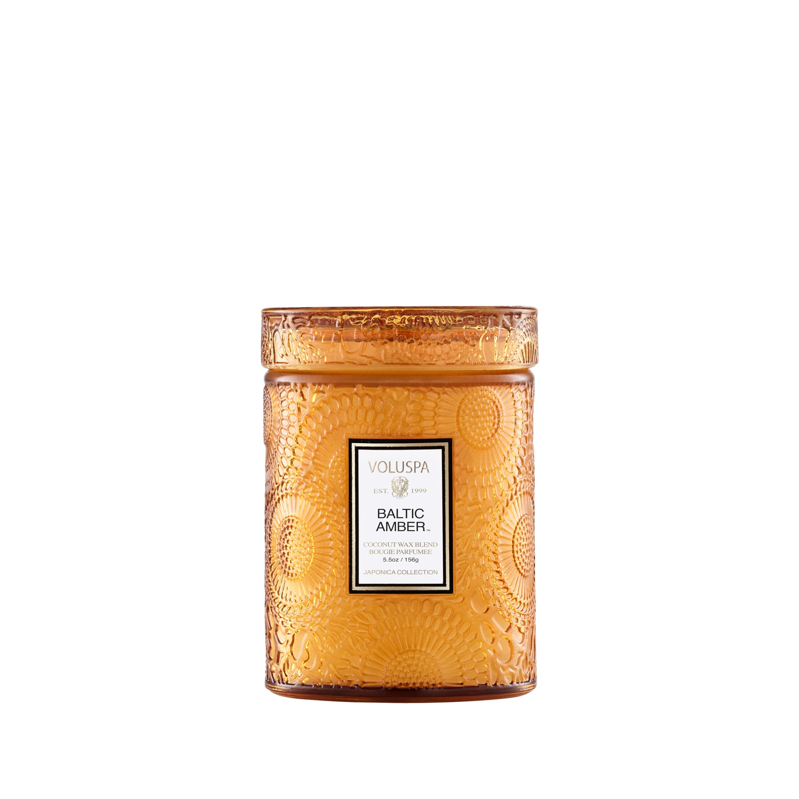 Voluspa Baltic Amber front jar showing floral print and elegant style, adds decor